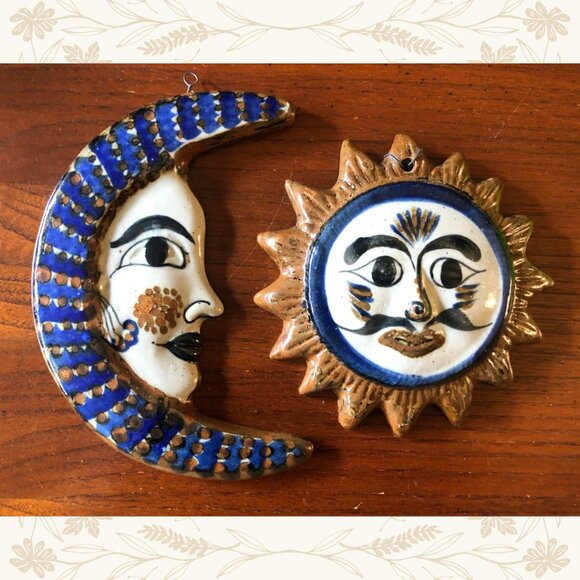 Hand-Painted Mexican Tonala Sun & Moon Wall Hangings – Signed - Picture 1 of 2